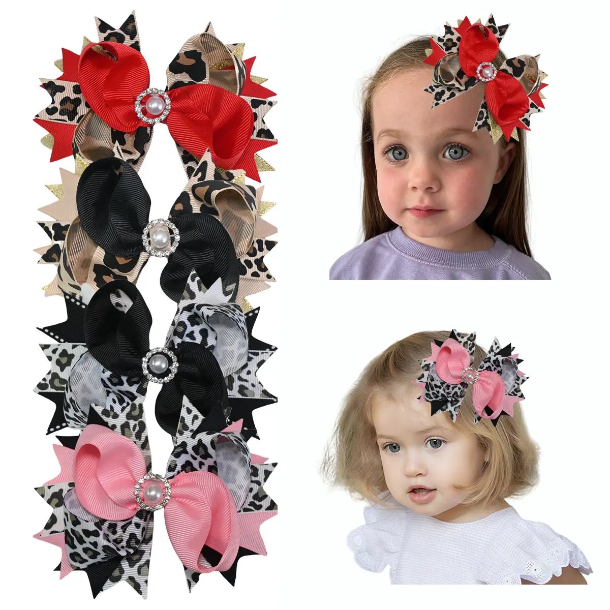 Baby Hair Clips, 4pcs 5-in Leopard Print Layered Bow with Pearl Rhinestone, 2-3 Years Girls' Hair Accessories for School Days, Parties, Valentine's Day Gifts