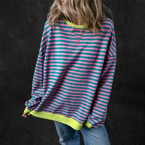 Limited Supply Special Pricing Green Stripe Oversized Contrast Trim Pullover Sweatshirt 95 Cotton 5 Elastane Classic Striped Pattern Drop Shoulder Design Relaxed Fit Casual Style Comfy Womenswear