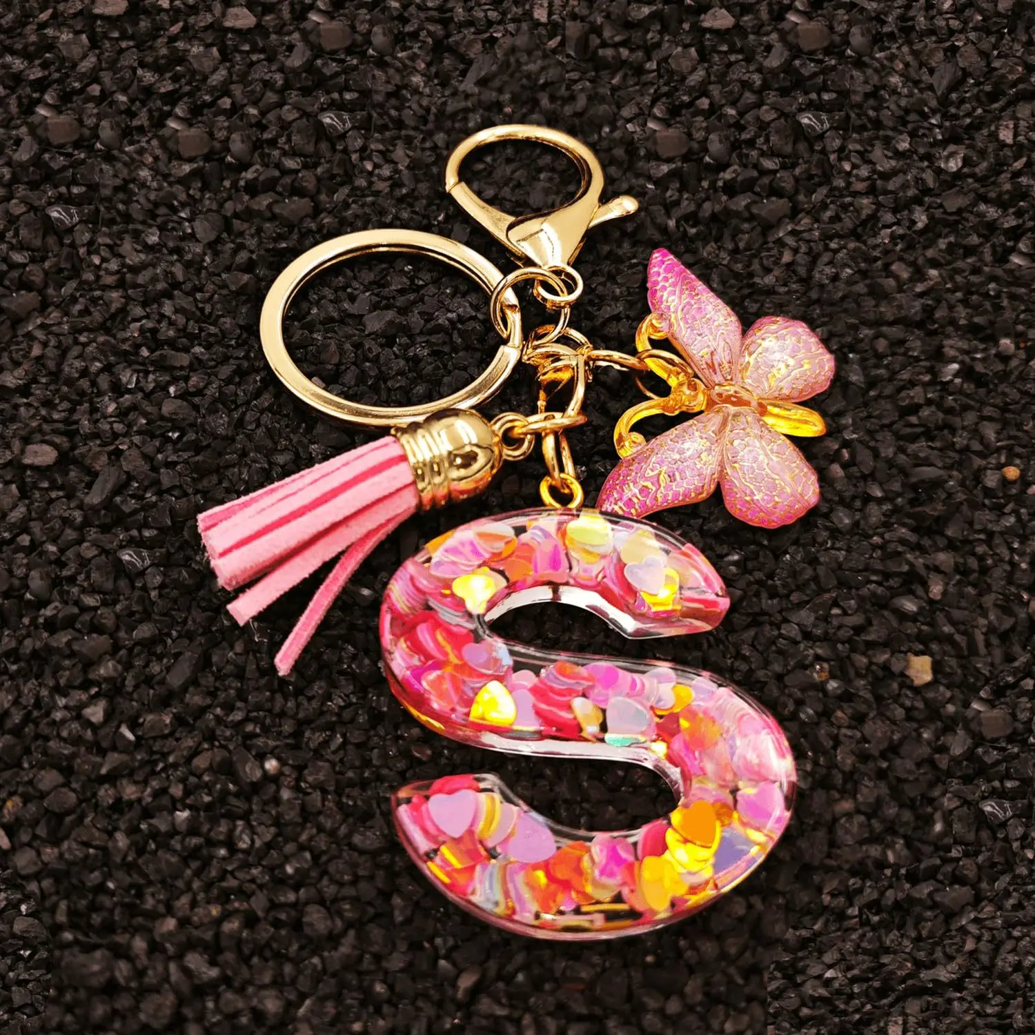 Heart Sequins Alphabet Resin Keyring Charm with Butterfly Tassel Pendant,Cute Letter & Butterfly Design Keychain for Women & Girls,Bag Pendant Keychain for Bag, Car Key, Decoration, Fashion Keychain for Gift, Valentine's Day Gift