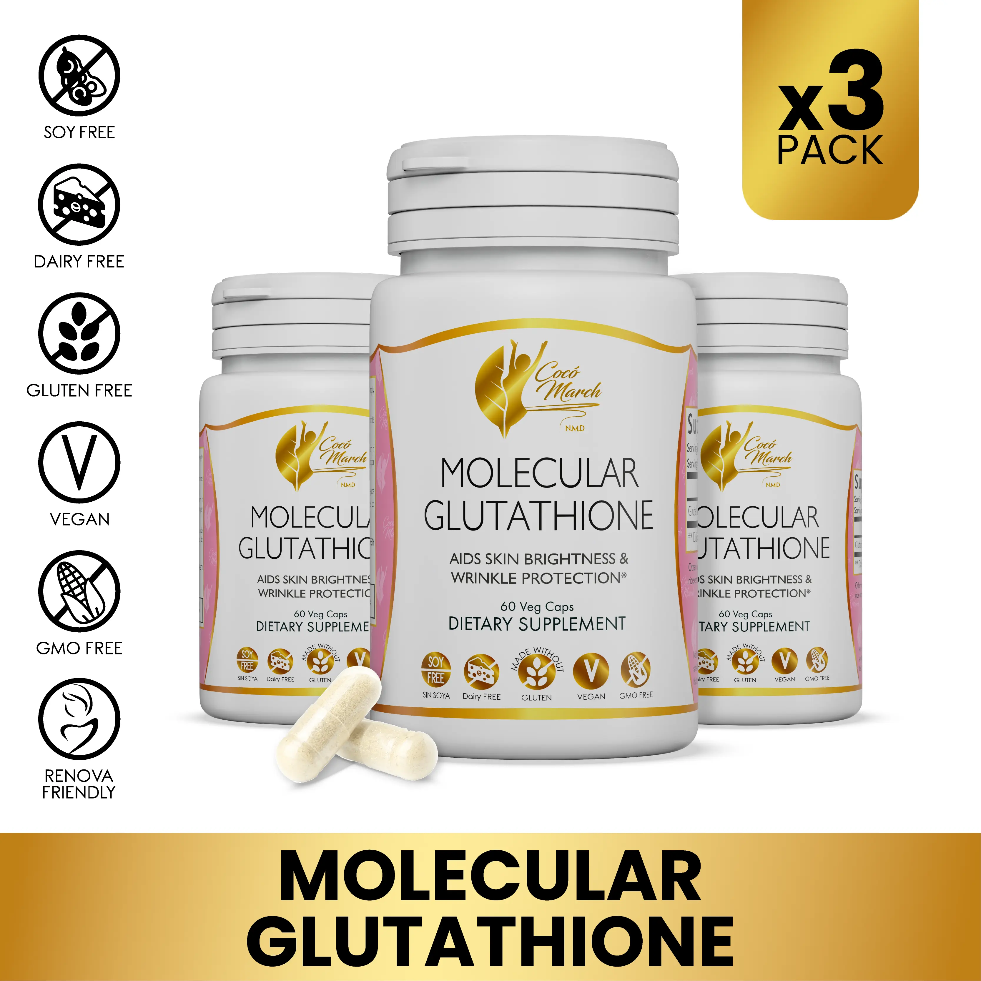 3 Bottles of Cocó March N.M.D Molecular Glutathione Dietary Supplement, Immune System Boosting Wellness Supplement for Adults - 60 Capsules per Container
