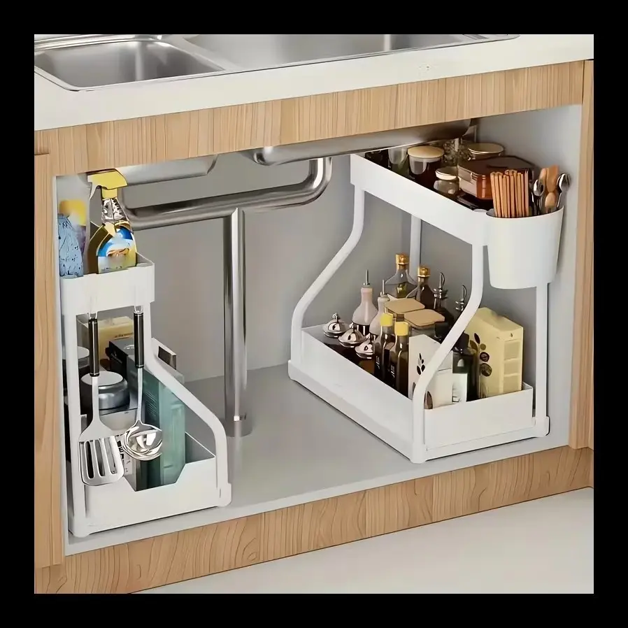 2 Pc White Under Sink Organizer With Sliding Shelves