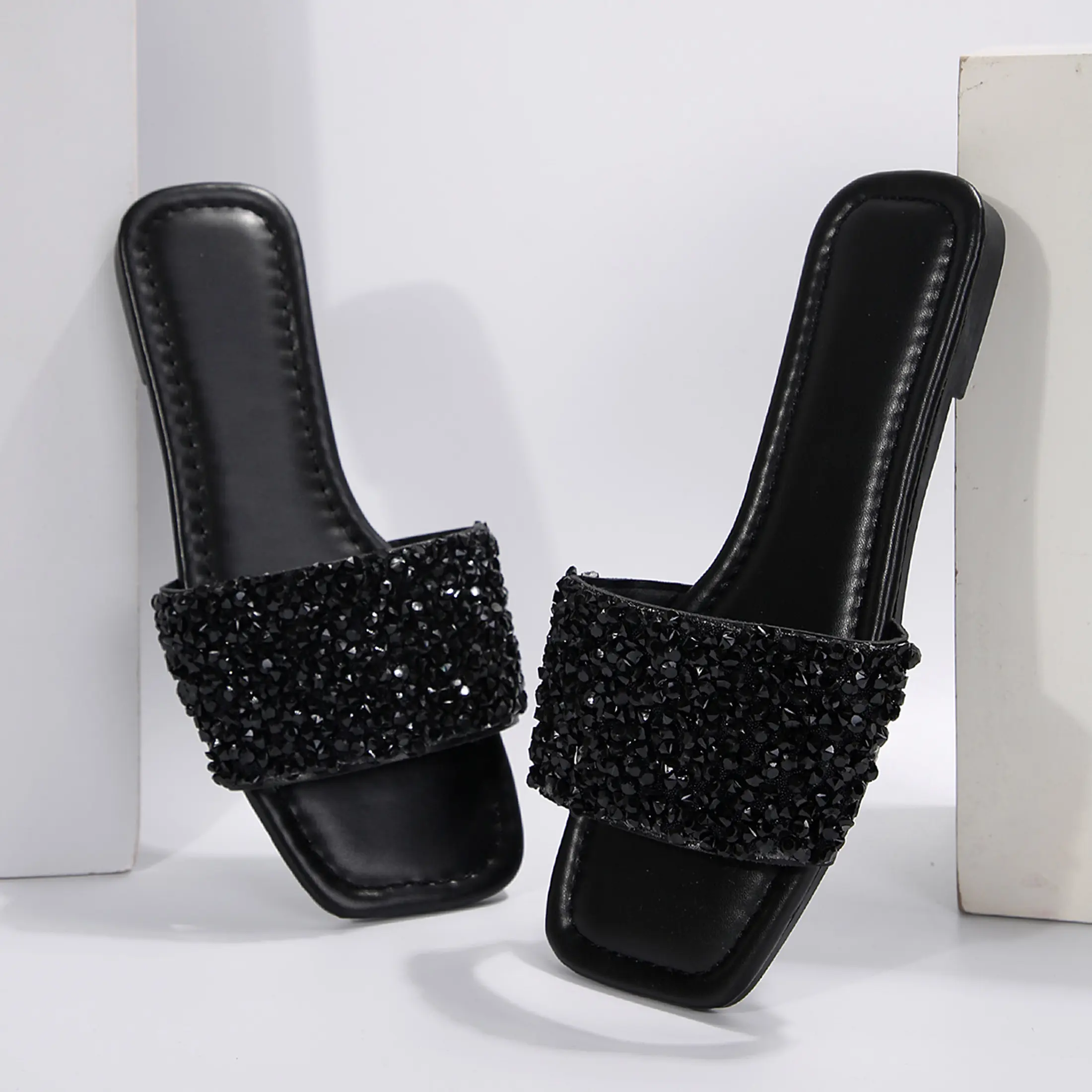 Women's Rhinestone Sandals Glitter Casual Sandal Flats Open Toe Sparkle Slides