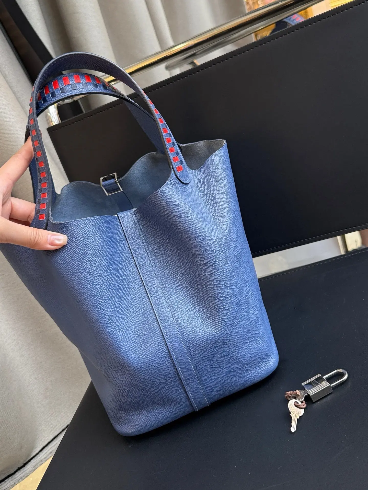 Pre-owned HERMÈS Picotin 22, M3 Bleu Encre with Woven Handle, Silver Hardware, Epsom Leather, Stamp C（2694214）