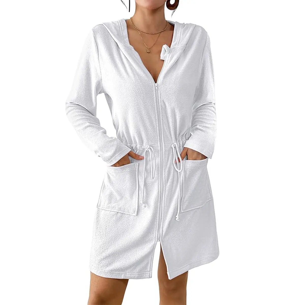 Bsubseach Terry Cloth Beach Cover Up - Women's Zip-Up Long-Sleeve Hooded Bath Robe with Pockets, Adjustable Top, All Size Swim Option for Sports & Outdoor Use, Beach Cover Ups, Adjustable Top Cover Ups