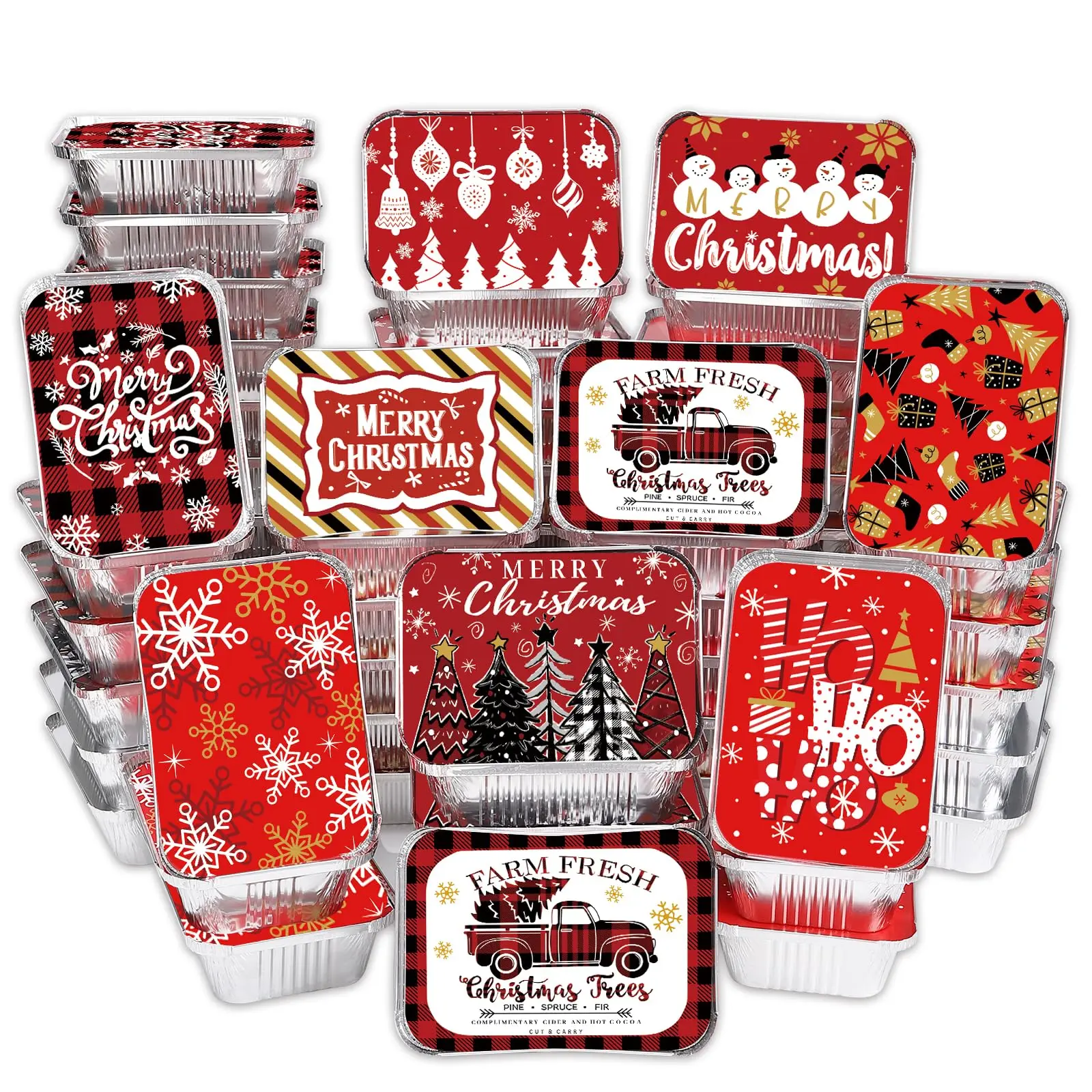 36PCS Multicolor Rectangular Printed Christmas Aluminium Food Containers with Tight-Seal Leak-Proof Lids, 9-Style Sturdy Disposable Foil Storage Pans & Cookie Tins (7.3"x5.2"x2") for Holiday Party Supplies & Gift Giving