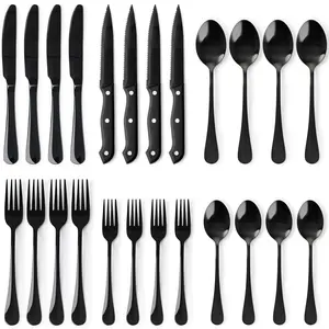 Astercook 24-Piece Black Silverware Set with Steak Knives, Food-Grade Stainless Steel Flatware Set for 4, Mirror Polished Cutlery Set for Home Kitchen and Restaurant