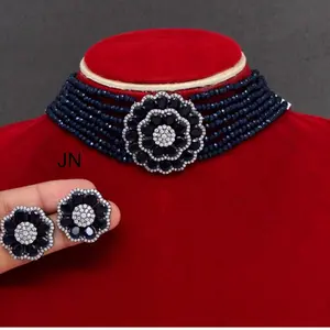 AD Stone Choker Necklace and Earring Set - Sparkling Stones, Intricate Pendant - Perfect for Any Occasion