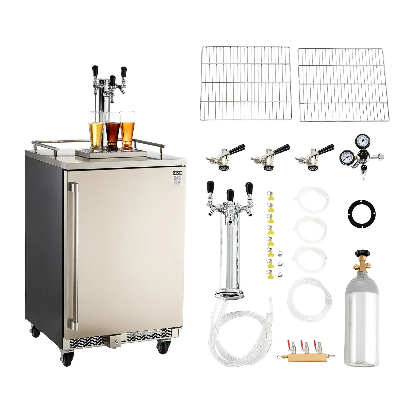 VEVOR Triple Tap Commercial Draft Beer Dispenser (D System), Full-Size Cooling Kegerator with 5lbs CO2 Tank, 160L Steel Guard Rail Refrigerator for Any Setting, Holds 3 Sixth/2 Slim/3 Ball Lock Kegs, 130w