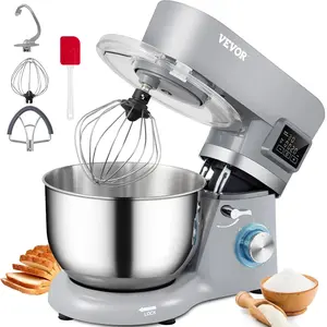 VEVOR Stand Mixer,  660W Electric Dough Mixer with 6 Speeds LCD Screen Timing, Tilt-Head Food Mixer with 5.8 Qt Stainless Steel Bowl, Dough Hook, Flat Beater, Whisk, Scraper, Splash-Proof Cover - Gray