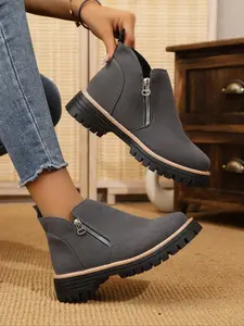 Women's Grey Side Zip Ankle Boots, Work Ankle Boots, Casual Comfortable Walking Shoes, Versatile Footwear for Daily Commuting, Leisure & Outdoor, Female All - match Trendy Chunky Heel Boots for All Seasons