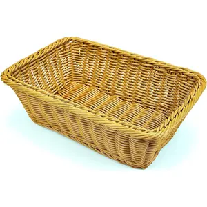 12" Poly Wicker Bread Basket, Hand Woven Food Storage Room Organizer, Fruits, Vegetables and Snacks Tabletop Food Serving Basket, Restaurant, Hotel Service, Brown