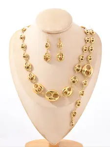 18k Gold Plated Stainless Steel Pig Nose Coffee Bean Jewelry Set, Matching Jewelry Set, High-End Necklace Bracelet Ring Set, Casual Style, Versatile, All Seasons Wear, Choking Hazard Safe, Unique