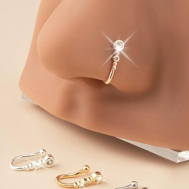 4 Pcs/Set of Simple Fashion Copper Inset Zirconia 18K Gold Plated U-shaped Non-Porous Nose Clip, No Piercing Creative Nose Ring Jewelry, Fashion Gift, Body Jewellery