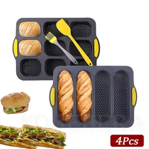 Silicone Baguette Baking Mold, Silicone Molds, 4 Counts/set Including 2 Counts Baguette Food Baking Pan with Spatula & Oil Brush, Heat Resistant Non-stick Baking Mold for Home Kitchen House, Silicone Loaf Molds