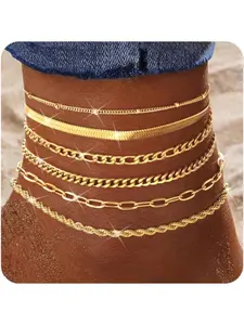 6Pcs Gold Anklets for Women,14k Gold/Silver Waterproof Hypoallergenic Layering Adjustable Anklets Set,Trendy Snake Tennis Figaro Chain Ankles Beach Foot Jewelry Gifts for Women