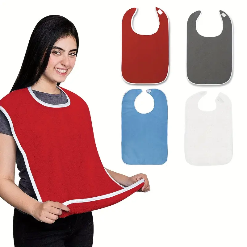 4-Pack Adult Bibs for Eating - Unisex Dining Clothing Protectors for Elderly and Adults, Adjustable Thick Fleece, Machine Washable, Towel Mouth Wipe, Non-Waterproof with Various Closure Styles - For Seniors & Individuals with Disabilities -