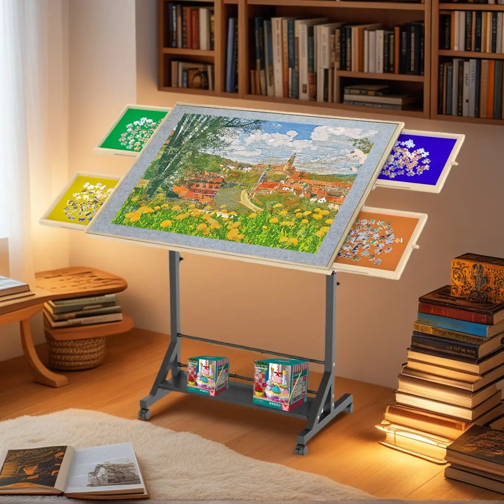 Wooden 1500 Pieces Puzzle Table with Drawer, 35"x27.17" Adjustable Puzzle Table, 360° Tilting Table with Legs and Wheels, Adjustable Height and Angle, Protective Cover, for Living Room, Home, Family Game Room, Jigsaw Puzzle Storage