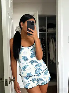 Base Blue Turtle Starfish Shell Print Sleeveless Pajama Set, Border Ruffle Design, Fresh Ocean Style Breathable Home Sleepwear