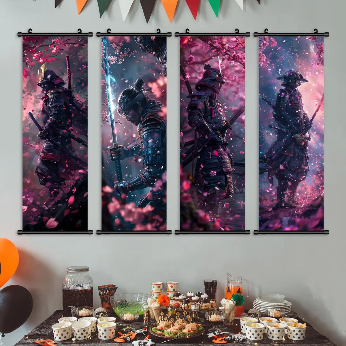 Samurai Pattern Hanging Banner, 4 Counts/set Modern Artistic Creative Design Print Wall Art Painting Print, Graphic Prints, Aesthetic Wall Decor, Wall Art Decor Home Decor Accessory for Home Living Room Bedroom Office Decoration