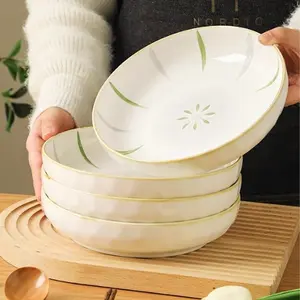 Set of 2/4 Ceramic Pasta Bowls, 7/8 Inch Shallow Wide Salad Soup Bowls, Hammered Texture & Willow Pattern, Microwave & Dishwasher Safe