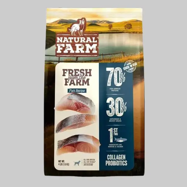 Natural Farm 4-lb Bagged Dry Dog Food, Fresh Fish & Beef Recipe with Collagen, Oats, Sunflower Oil, Vitamins, Potassium Chloride, Millet, Minerals, Dicalcium Phosphate - No Preservatives, All Ages Complete Nutrition for Healthier Joints & Shiny Coat