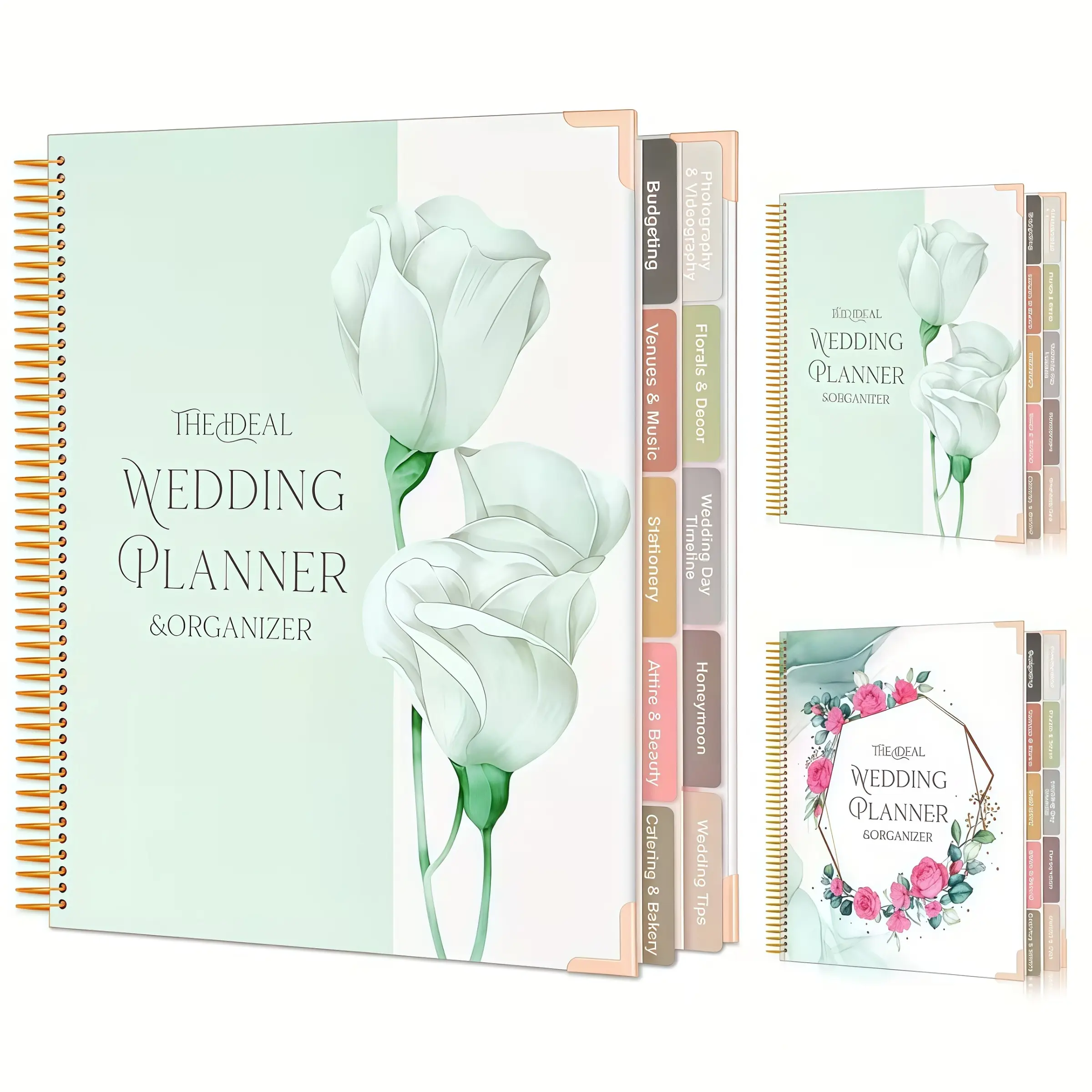 Wedding planner and organizer notebook (hardcover edition), white tulip design, spiral binding, Spiral bound planner, 10 sections for budgets, venues, flowers, perfect for engagements, weddings and newlyweds, Wedding Planning Book