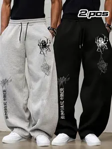 Men's 2-Piece Spider Print Loose Drawstring Sports Pants, Athleisure Pants, Adjustable Waist, Outdoor Fitness Long Pants, Fitness Trousers, Athletic Trousers, Casual Straight Leg, Activewear Bottoms, Athleisure Style Pants