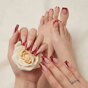 One-piece 48-piece French-style red border combinationset of wearable artificial nails with detachable artificialnails. Full coverage pressing-style nails and toe nails setwith square medium heart-shaped design toenail woman stylish elegant