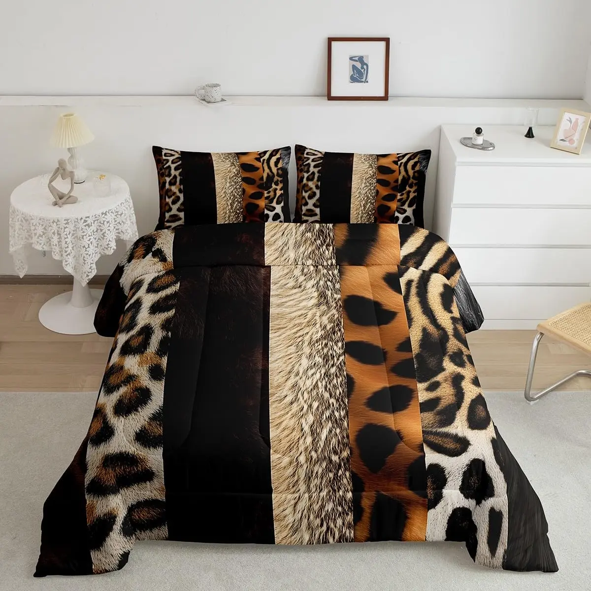 Wild Animal Fur Comforter Set Leopard Print Bedding Set Bedroom Bed Decor Cheetah Print Comforter Patchwork Animal Fur Bed Set for All Season,Lightweight