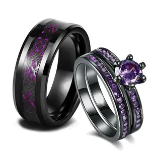 3pcs Matching Rings His and Hers Ring Couple Rings Pruple Cz Womens Wedding Ring Sets Wedding Bands