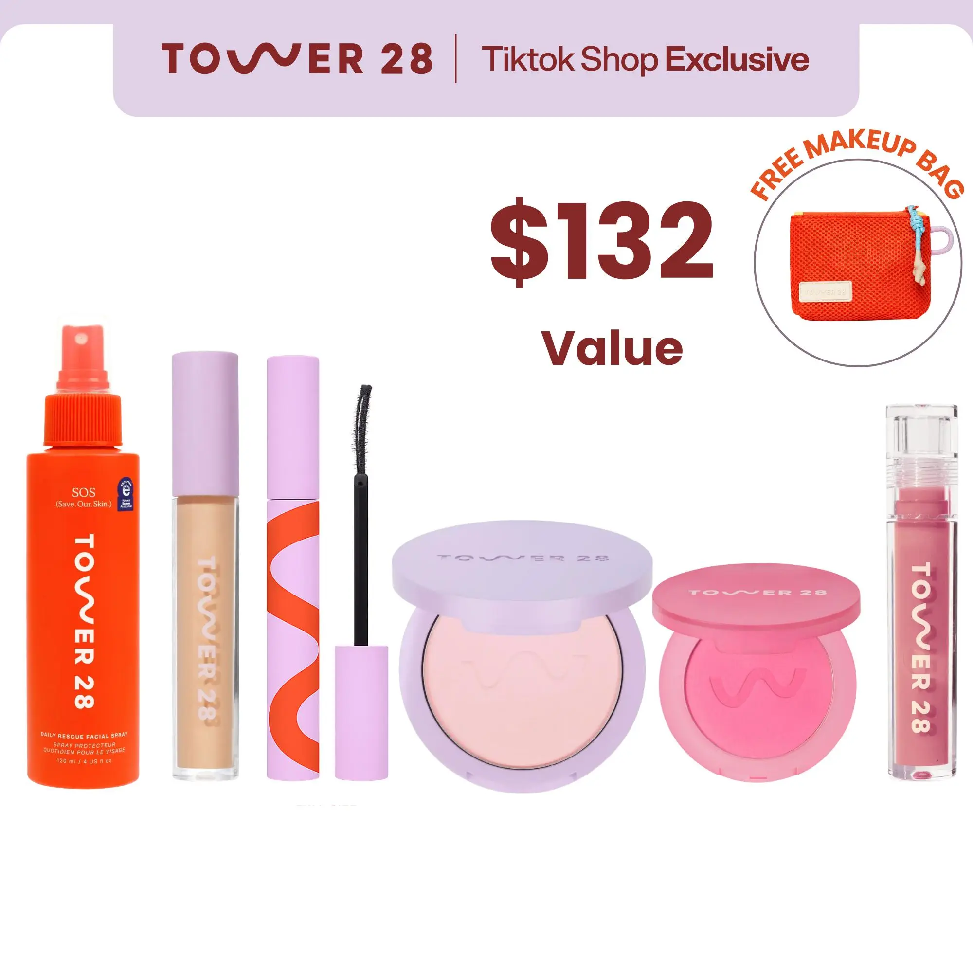 Tower 28 Full Routine 7-Piece Set: SOS Spray, Concealer, Setting Powder, Lip Oil, Blush, Mascara & FREE Makeup Bag
