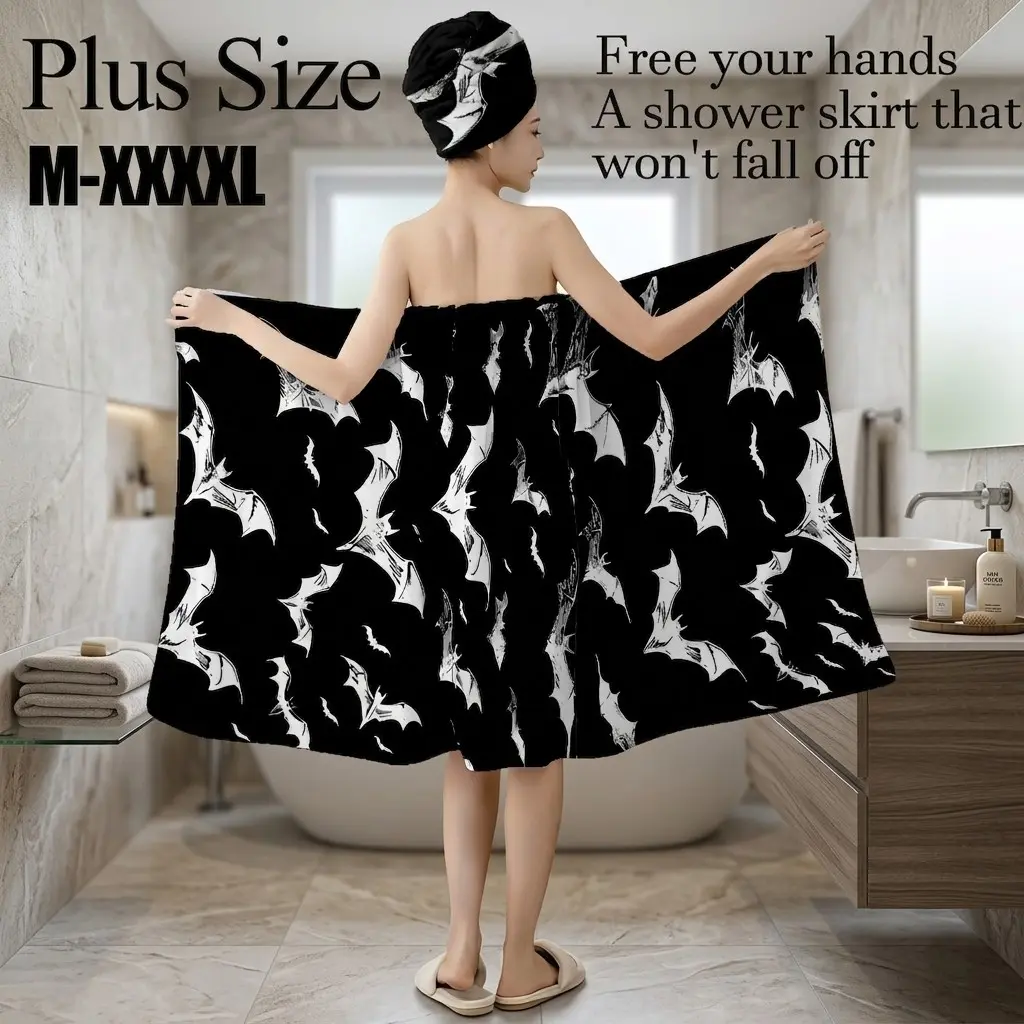 2 Pcs Halloween Bat Print Bath Skirt Set, Premium Towel Set, Non-Slip Absorbent Wearable Towel, Sizes M‑XXXXL, Ideal for Spa, Beach, Festive Events