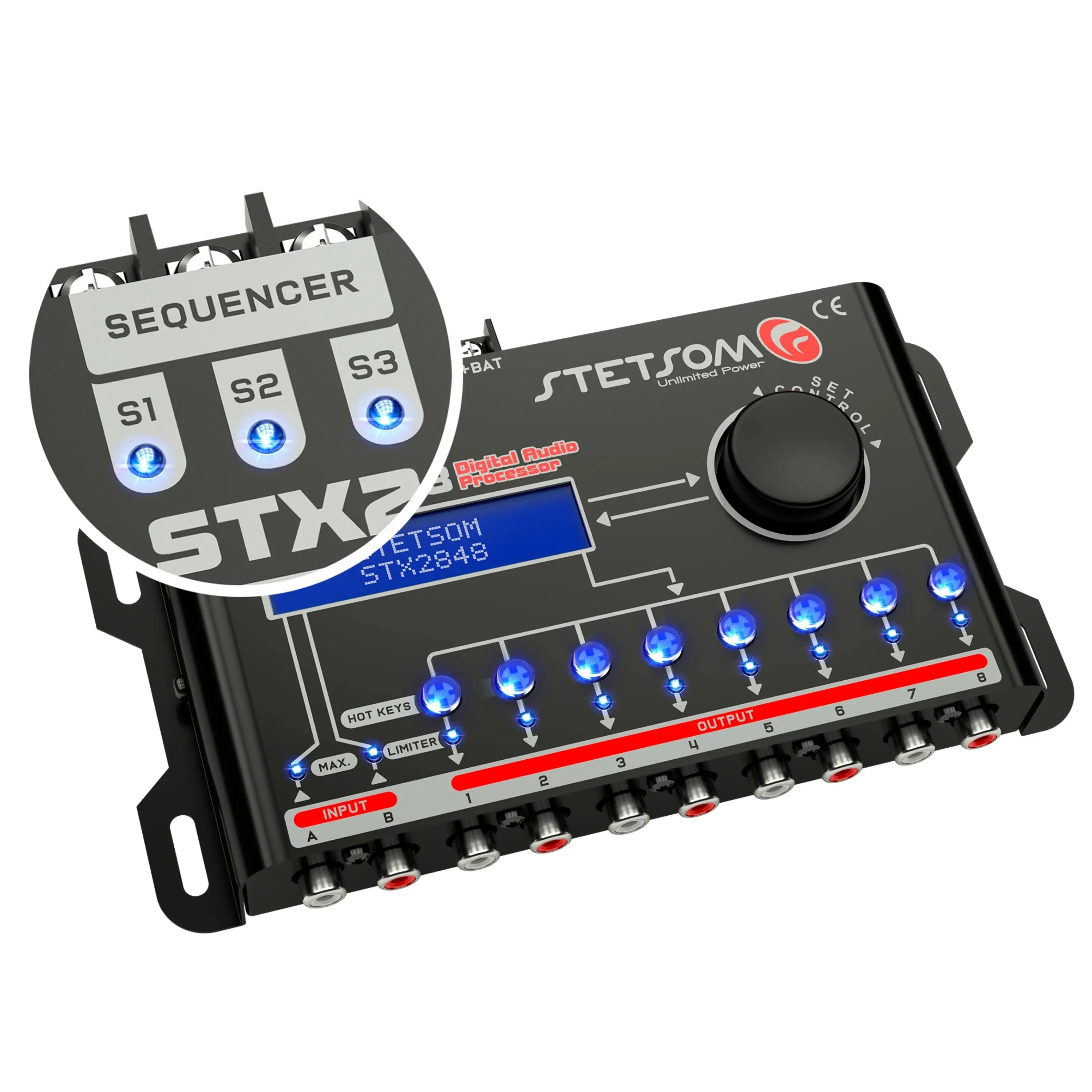 Stetsom STX 2848 Full Digital Signal Processor - 8-Channel DSP Crossover & Equalizer with 2.8 Card Mixer Amplifier, LCD Display, Protection Feature, Connector, Remote for Car Audio Accessories, Audio Sound System