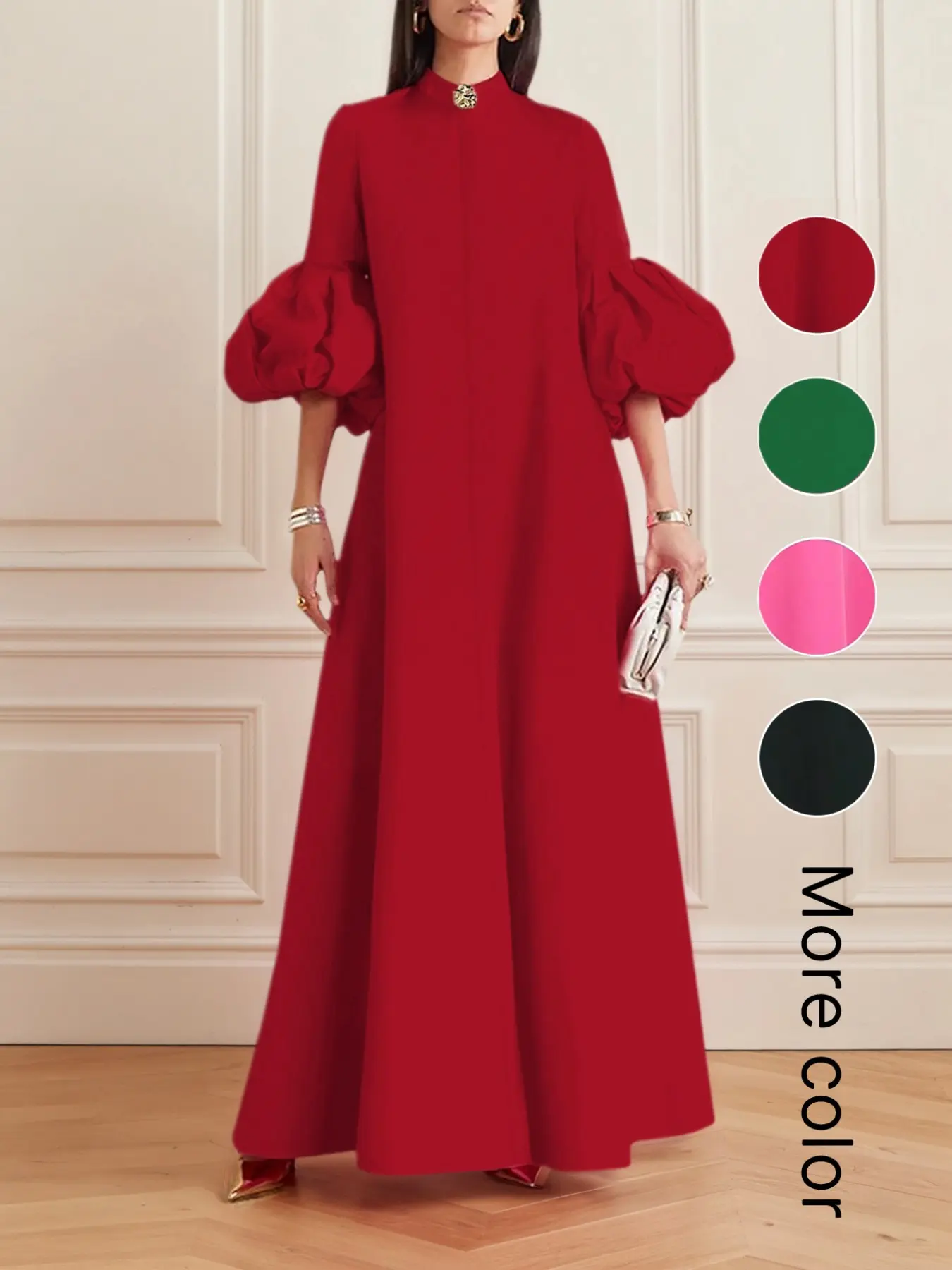 New Spring Summer Fall French Elegance Loose Lantern Sleeve Midi Buttoned Dress, Metal Flower Button Decor, Casual Fashion, Elegant, Chic, Vintage Style, Womenswear, Women's Autumn Dress, Casual Dresses, Casual Classy Dress, Casual Fashionable Dress