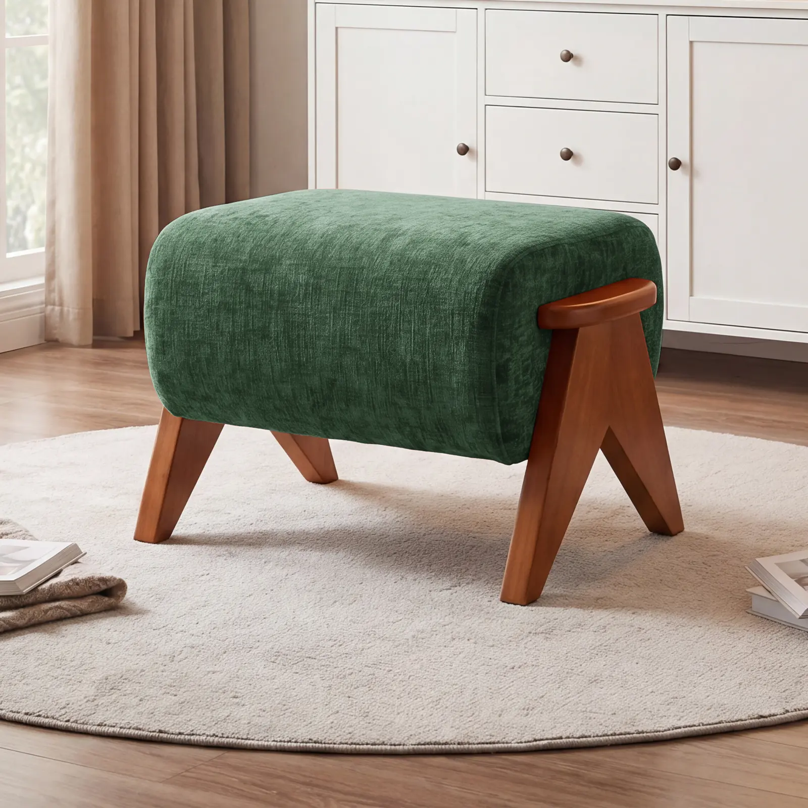 Chenille Upholstered Ottoman with Solid Wood Legs - Modern Fabric Footstool for Living Room, Bedroom & Office