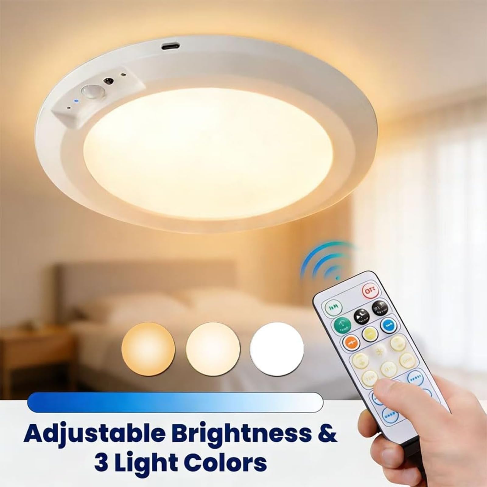 Rechargeable Wireless LED Motion Sensor Ceiling Light with Remote, Magnetic Dimmable 3-Color Battery Operated Lights, 7.48in Ultra-Long 60-Day Life for Closet Shower Hallway Stairs
