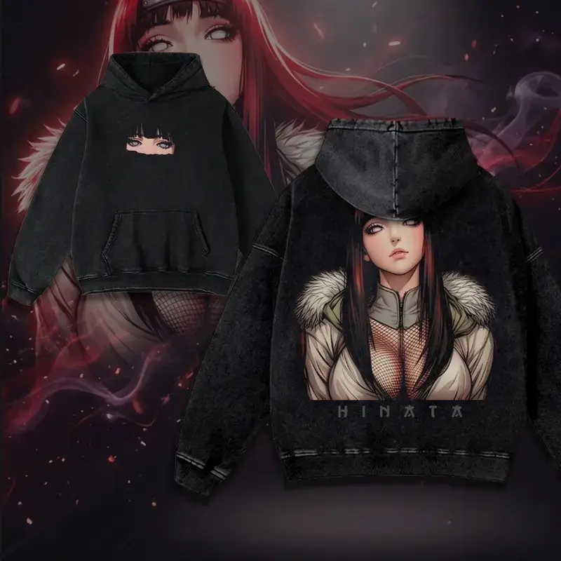 Hinata Hyuga Vintage Acid Wash Anime Hoodie Oversized Naruto Streetwear Graphic Hooded Sweatshirt Heavyweight Cotton Fleece Pullover Aesthetic Manga Cosplay Gift for Men Women