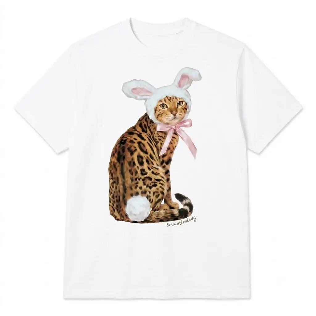 Women’s White Graphic T Shirt Cute Spotted Cat in Bunny Costume Print Pink Bow Rabbit Ear Kitty Tee Crew Neck Short Sleeve Kawaii Animal Casual Summer Easter Streetwear Top  1488