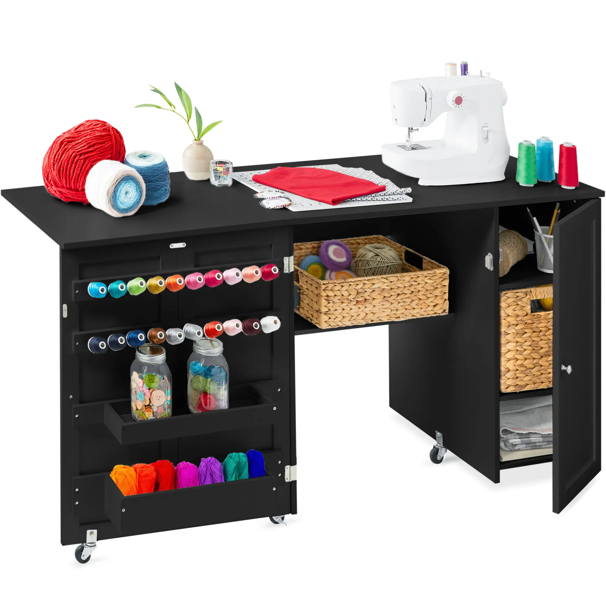 Best Choice Products Large Portable Multipurpose Folding Sewing Table w/ Magnetic Doors, Craft Storage