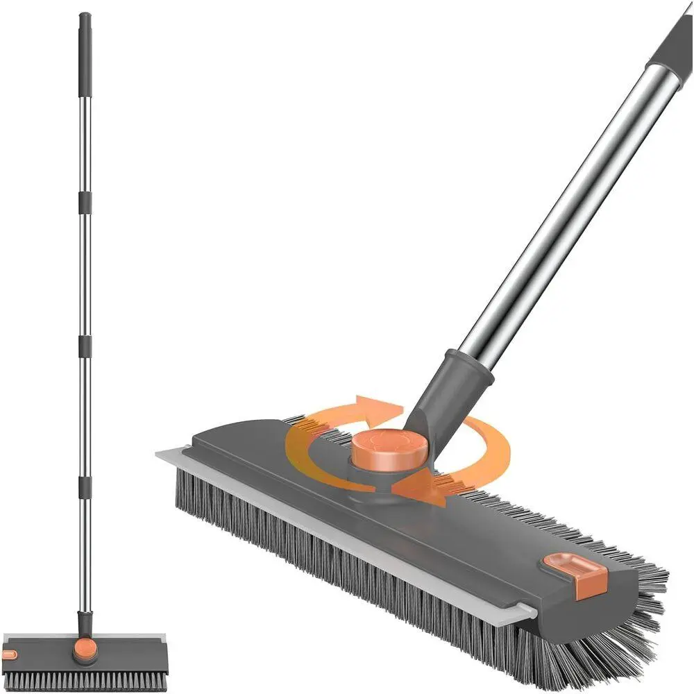 Commercial Heavy Duty 3-in-1 Scraper Broom Long Wand Floor Scrub Brush Super Thick Hard Bristles Oversized Swivel Head Squeegee Magic Eraser Mop Insert Pad, Bathroom Deep Clean Supply Gadget Accessory Grey-Orange