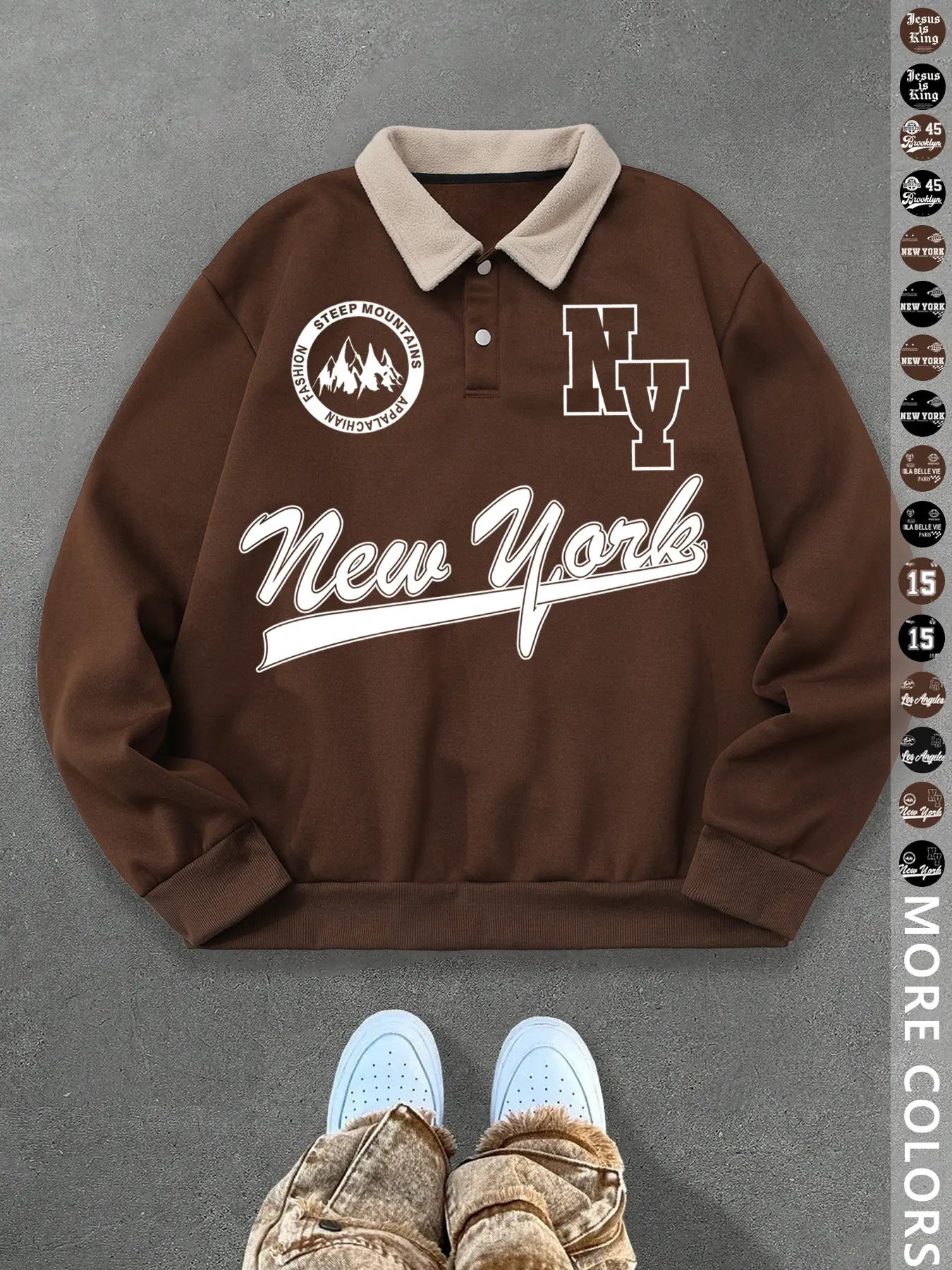 Unisex Y2K Fashion Style Classic New York Letter Print Fitted Polo Sweatshirt, Thick Retro Vintage British Aesthetic Lamb Wool Collar Pullover for Streetwear Casual Wear