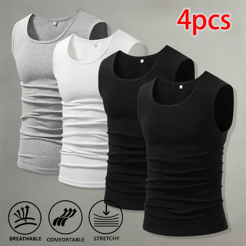 Men’s solid-color V-neck stretch tank tops, 4-pack — lightweight, breathable base layer for all seasons; suitable for household chores, walking, and training; minimalist layering underwear.