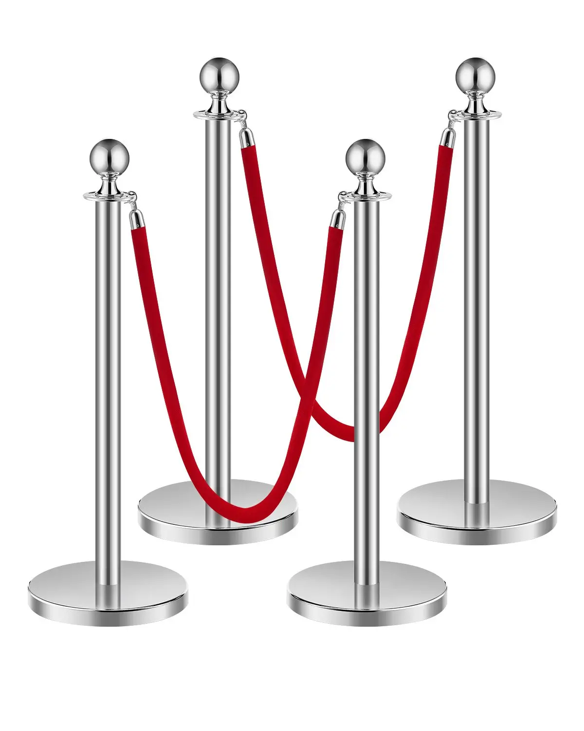 VEVOR Stanchions and Velvet Ropes 4Pcs,  Hollow Base with Stainless Steel Post, 2 Red Velvet Ropes and Posts, Crowd Control Barriers Silver Stanchions, Red Carpet Runner Poles for Party Supplies