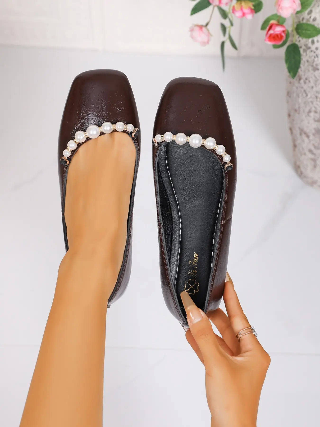 French Style Peach Color Square Toe Pearl Trim Single Shoe, Soft Leather Breathable Low Heel Ballet Flat, Versatile Office Slip-On Shoes