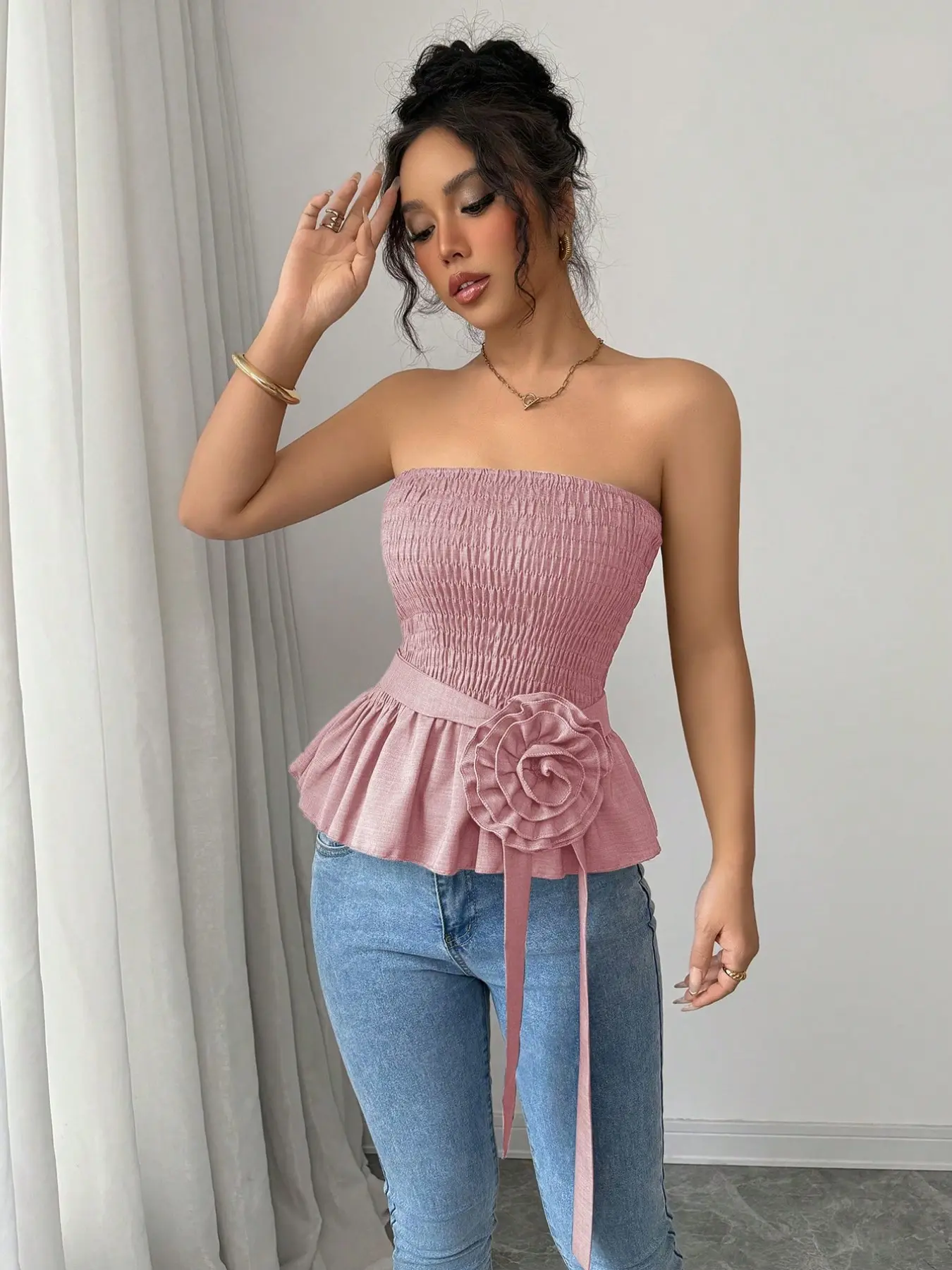Blue Peplum Crop Top with Ruffle Hem & Flower Decoration, Slim-Fitting Elegant Style for All Seasons, Perfect for Dates & Parties, Ruched, Elegance