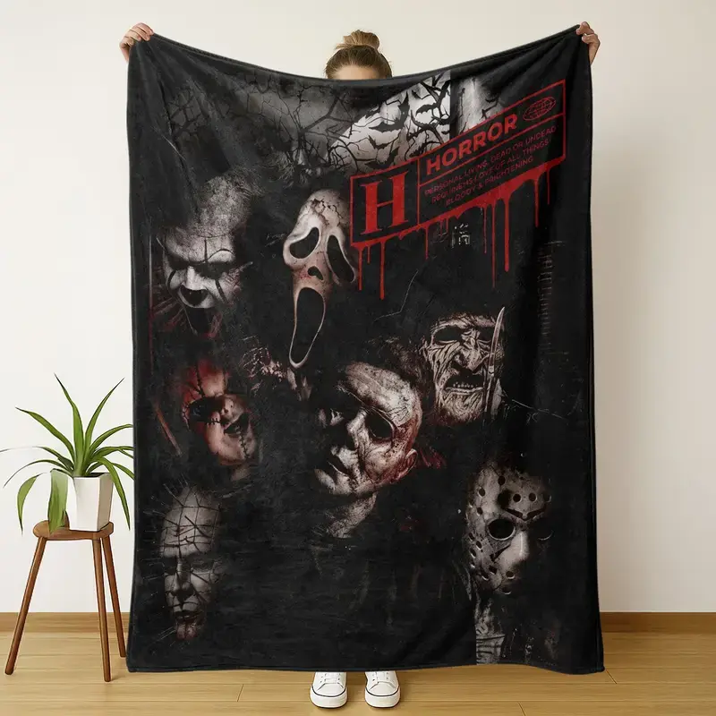 Horror Movie Villains Squad Printed Flannel Throw Blanket, Super Soft & Cozy Fleece Gothic Blanket for Sofa Bed Couch, Great Halloween Gift for Horror Fans