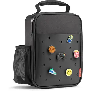 Lunch Box For Kids Boys & Girls, School Camp, Insulated Bag With Shoe Charm Slots For Personalization, Black