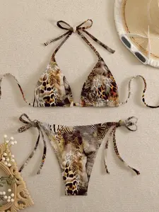 New Women's Sexy Bandage Bikini Set, Two-Piece Swimsuit, Leopard Print, Fitted, Casual Style, All Seasons, Wireless Bandeau