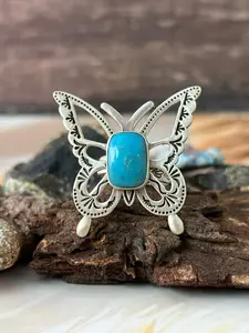 Handmade Sterling Silver Kingman Turquoise Butterfly Adjustable Ring "Signed Nizhoni"