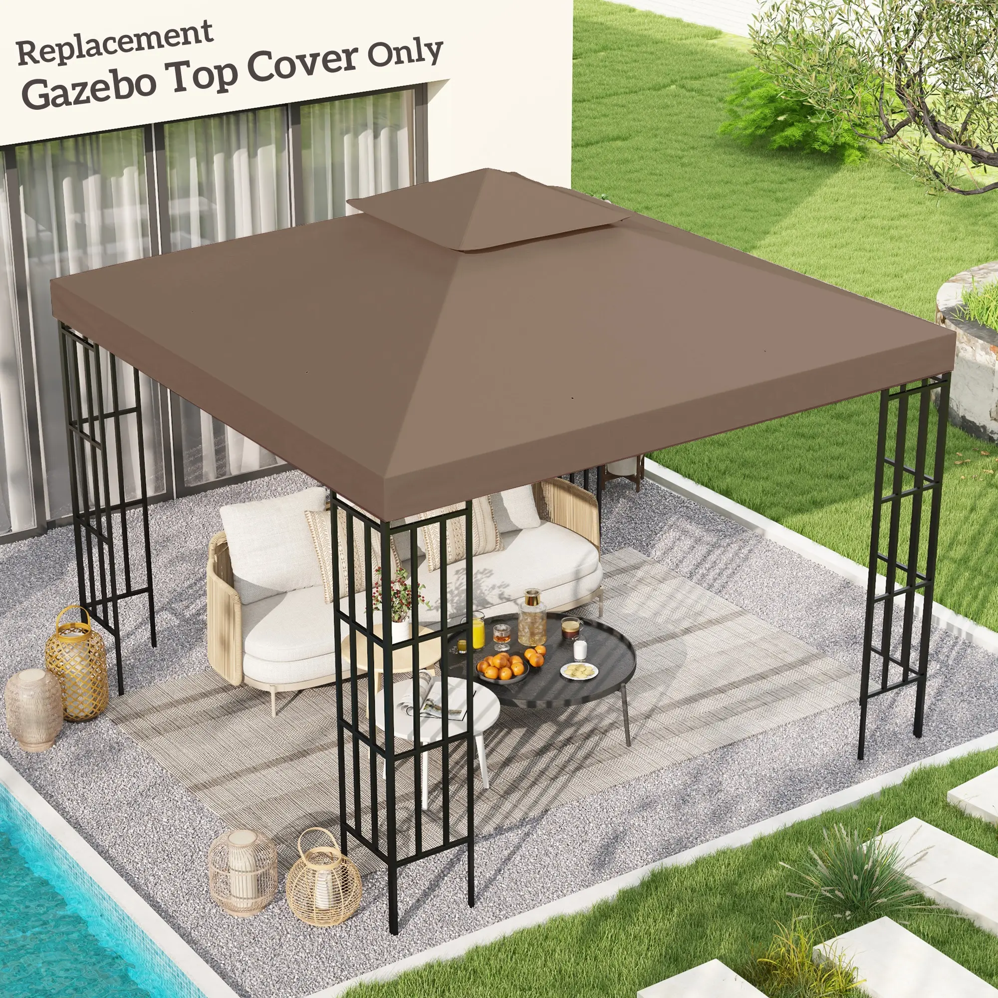 9.8' x 9.8' Gazebo Replacement Canopy Top - 2-Tier Double Roof Cover, Reinforced Corners, UV-Resistant Waterproof Fade-Proof Coffee Brown Fabric for Patio Shade Repair, Backyard Gazebo Restoration